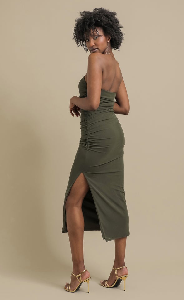 Pln Mesh Ruched Strapless Dress Olive