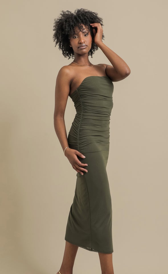 Pln Mesh Ruched Strapless Dress Olive