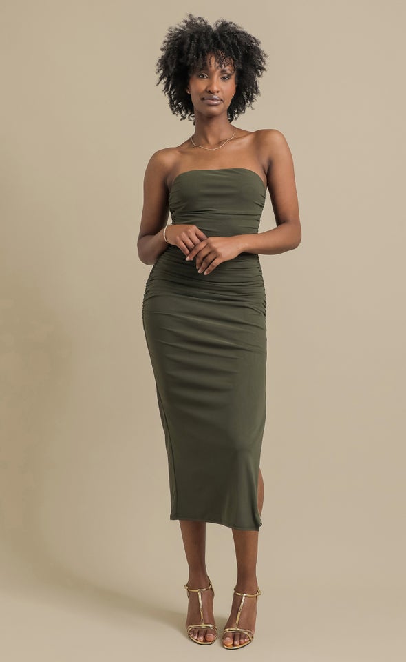 Pln Mesh Ruched Strapless Dress Olive