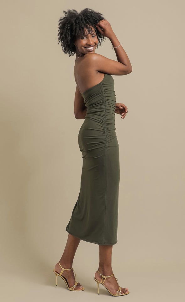 Pln Mesh Ruched Strapless Dress Olive