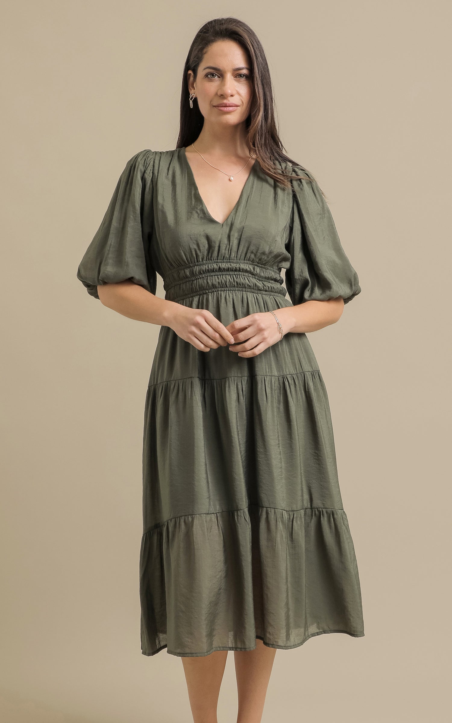 Shop our Pln Voile Puff Sleeve Dress in Olive | Pagani