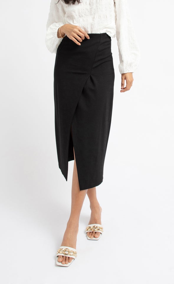 Ponte Front Split Midi Skirt Black