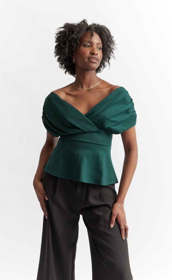 Ponte Pleated Off Shoulder Top Forest Green