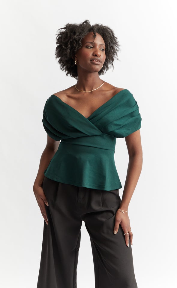Ponte Pleated Off Shoulder Top Forest Green