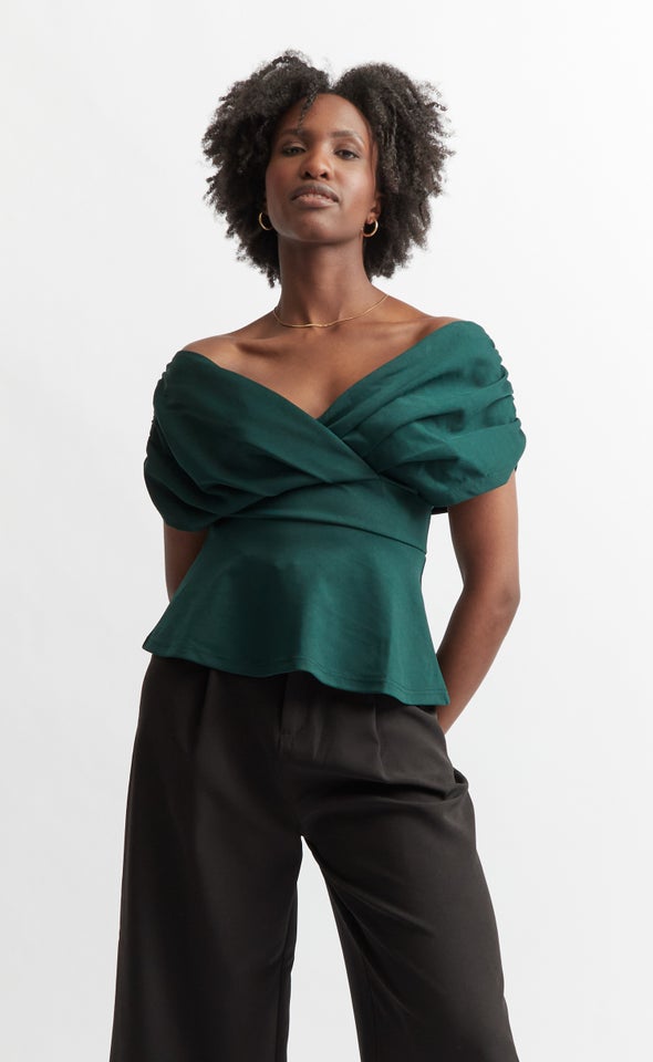Ponte Pleated Off Shoulder Top Forest Green