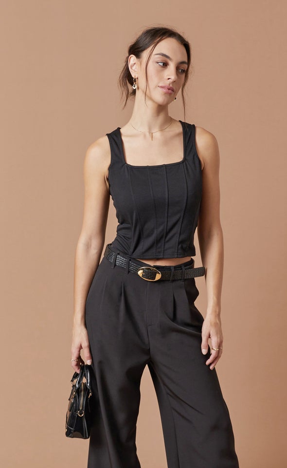 Ponte Square Neck Corset Tank Black