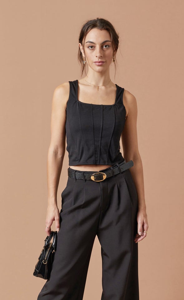 Ponte Square Neck Corset Tank Black