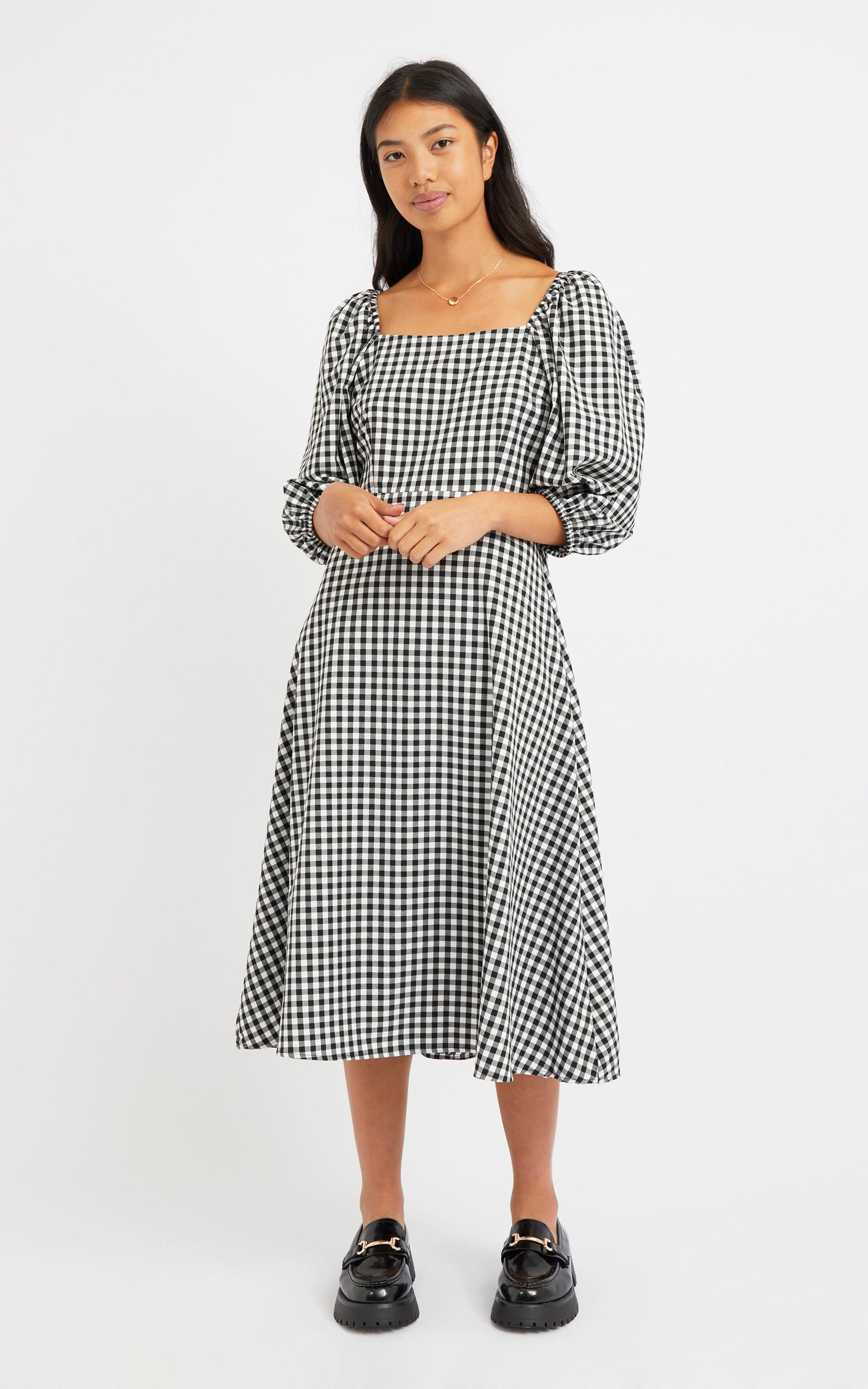 Poplin Gingham Square Neck Dress | Pagani