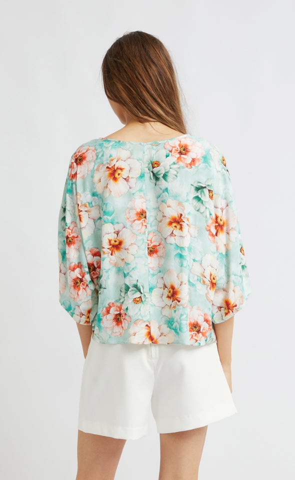 Poplin Knot Hem Batwing Top Mint/tropical