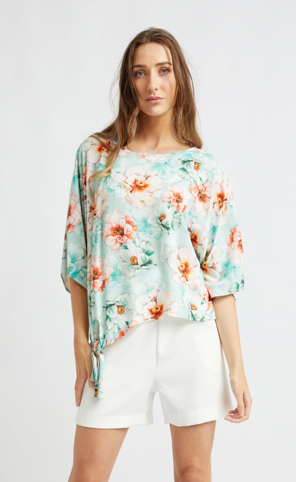 Poplin Knot Hem Batwing Top Mint/tropical