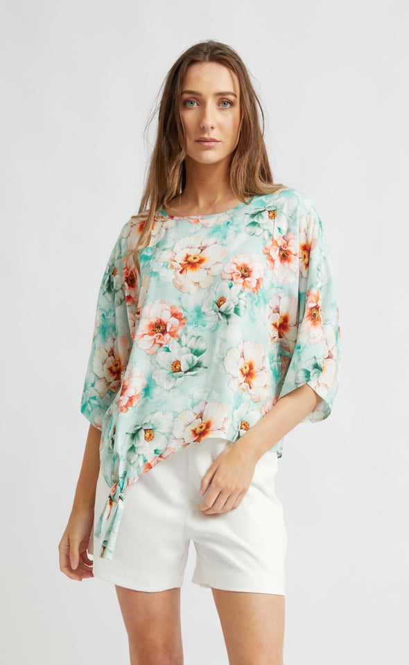 Poplin Knot Hem Batwing Top Mint/tropical