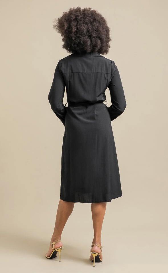 Poplin LS Tie Waist Midi Shirt Dress Black