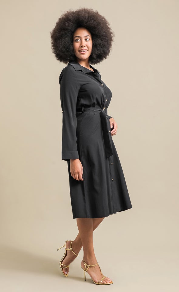 Poplin LS Tie Waist Midi Shirt Dress Black