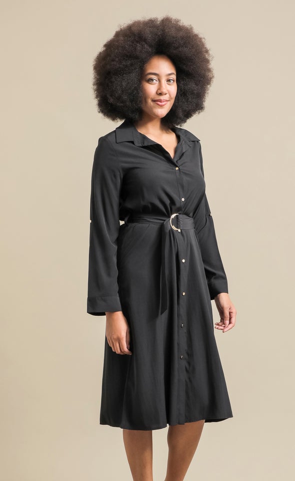 Poplin LS Tie Waist Midi Shirt Dress Black