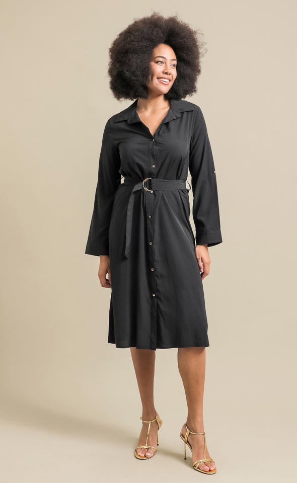 Poplin LS Tie Waist Midi Shirt Dress Black