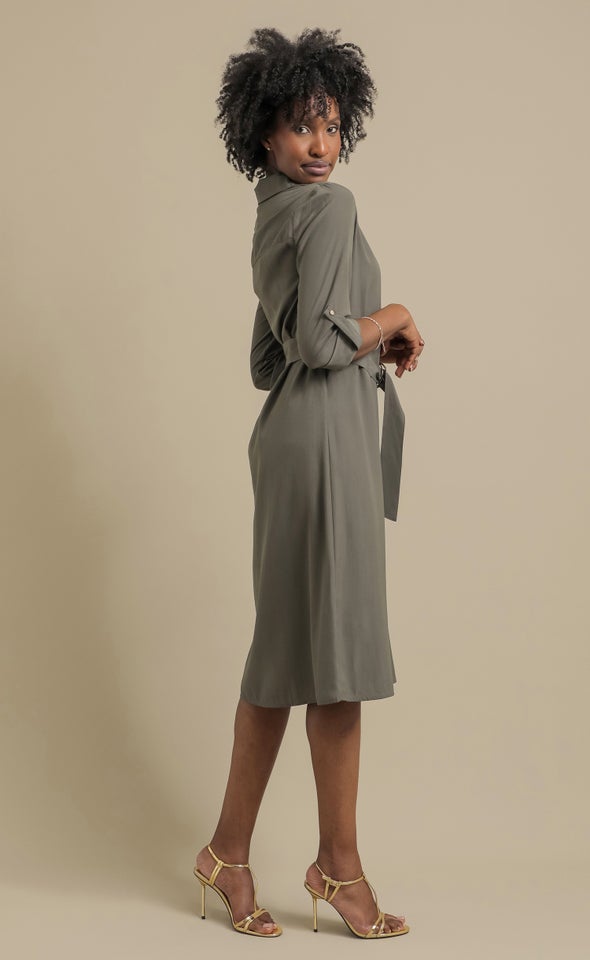 Poplin LS Tie Waist Midi Shirt Dress Olive