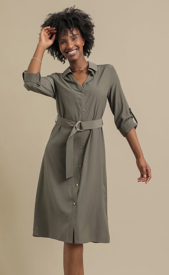 Poplin LS Tie Waist Midi Shirt Dress Olive