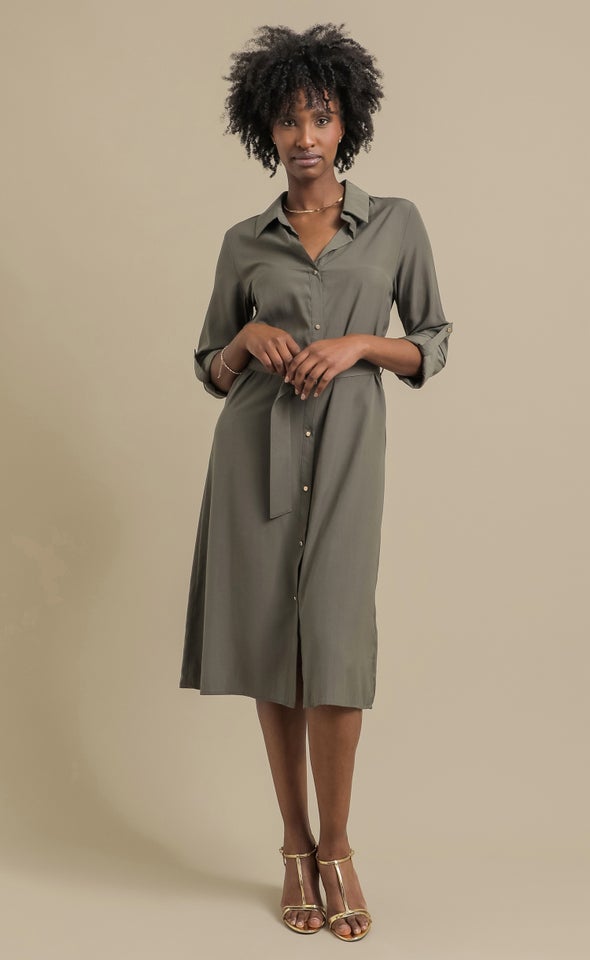 Poplin LS Tie Waist Midi Shirt Dress Olive