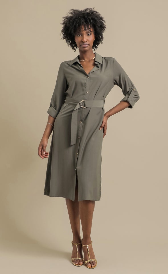 Poplin LS Tie Waist Midi Shirt Dress Olive