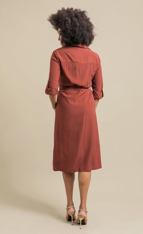 Poplin LS Tie Waist Midi Shirt Dress Red Ochre