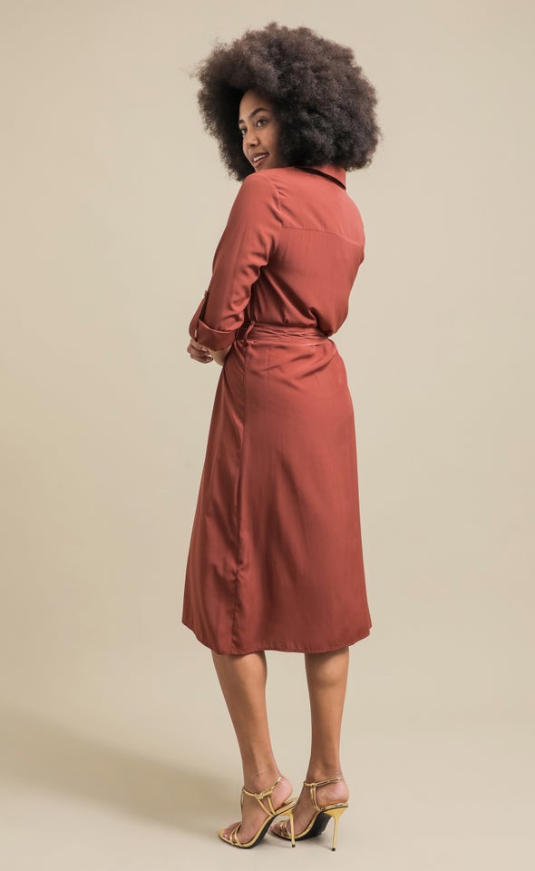 Poplin LS Tie Waist Midi Shirt Dress Red Ochre