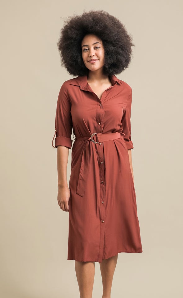 Poplin LS Tie Waist Midi Shirt Dress Red Ochre