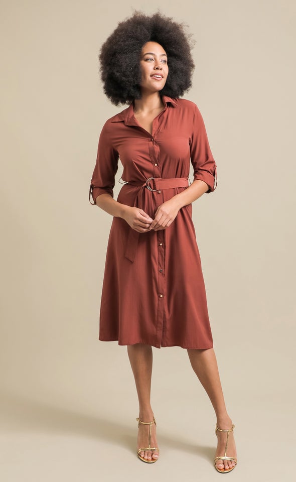 Poplin LS Tie Waist Midi Shirt Dress Red Ochre