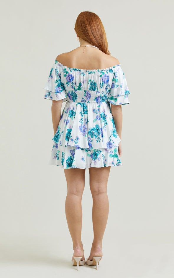 Poplin Ruffle Off Shoulder Dress Cream/floral