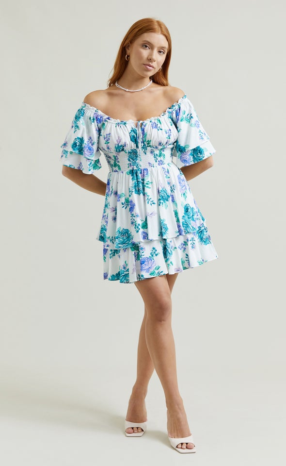 Poplin Ruffle Off Shoulder Dress Cream/floral