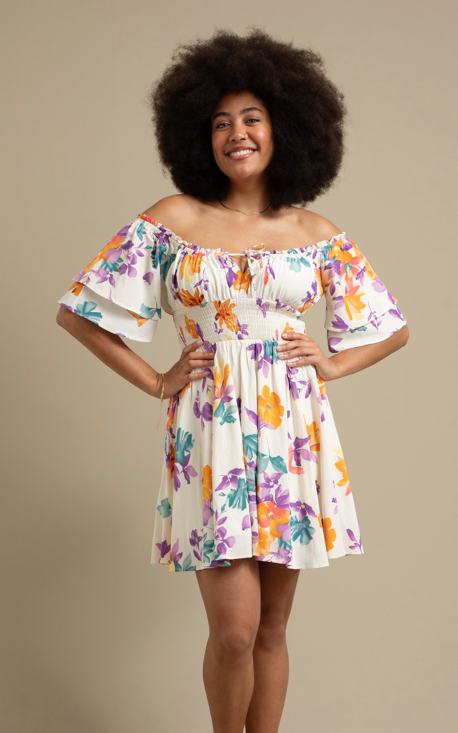 Shop our Poplin Ruffle Off Shoulder Dress in Cream/purple floral