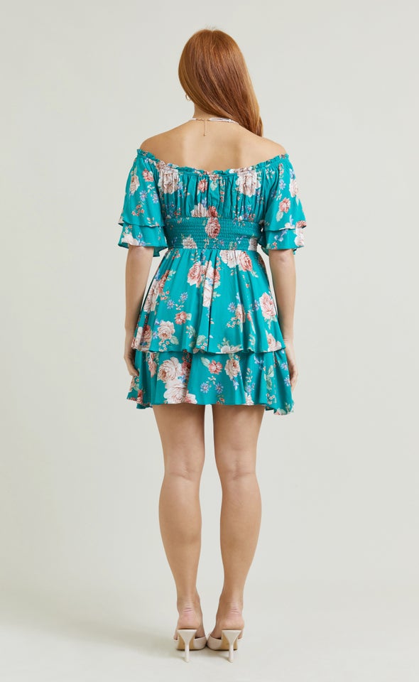 Poplin Ruffle Off Shoulder Dress Green/floral