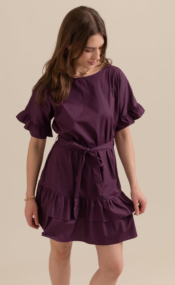 Poplin Ruffle T-Shirt Dress Aubergine