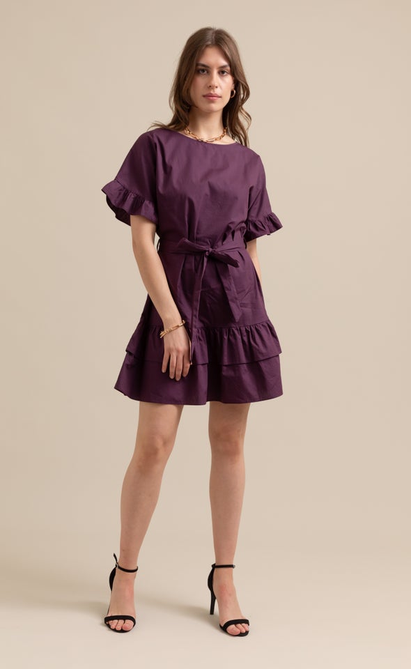 Poplin Ruffle T-Shirt Dress Aubergine