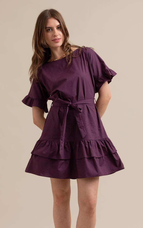 Poplin Ruffle T-Shirt Dress Aubergine