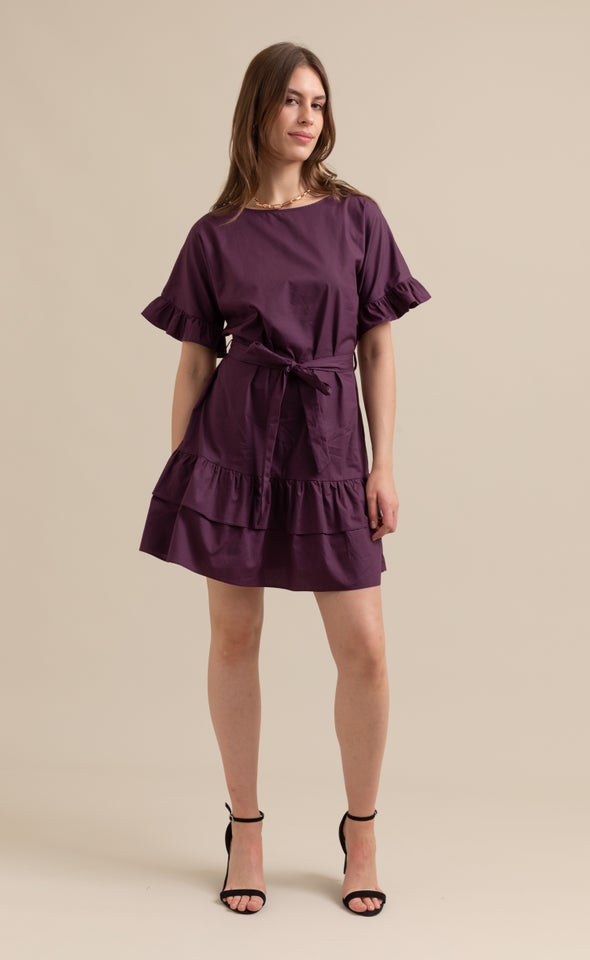 Poplin Ruffle T-Shirt Dress Aubergine