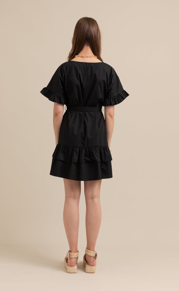 Poplin Ruffle T-Shirt Dress Black