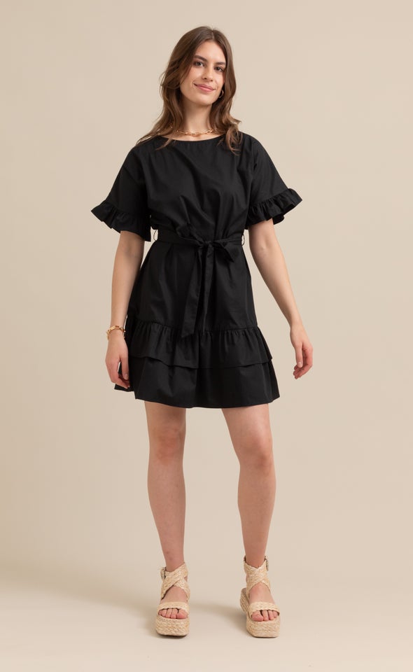 Poplin Ruffle T-Shirt Dress Black