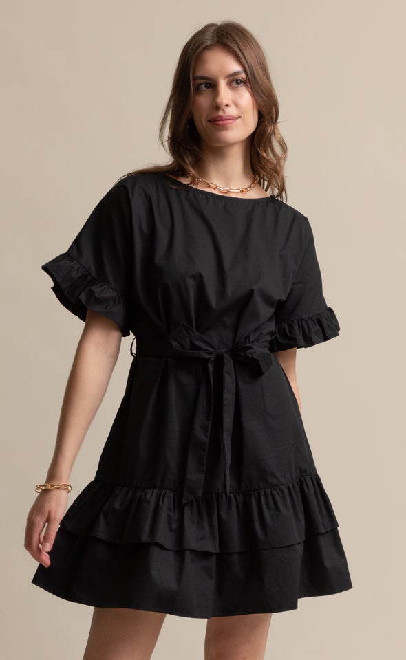 Poplin Ruffle T-Shirt Dress Black