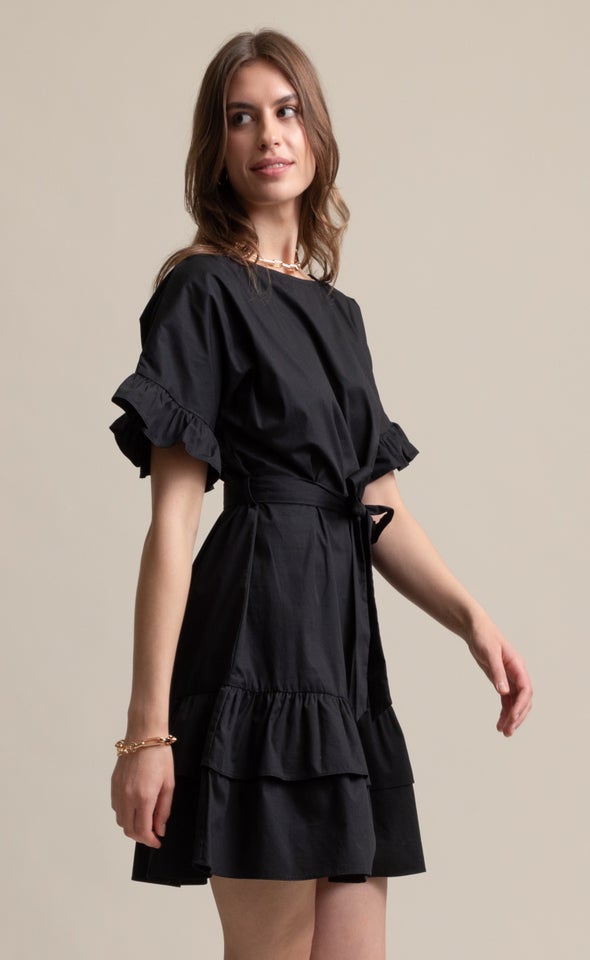 Poplin Ruffle T-Shirt Dress Black