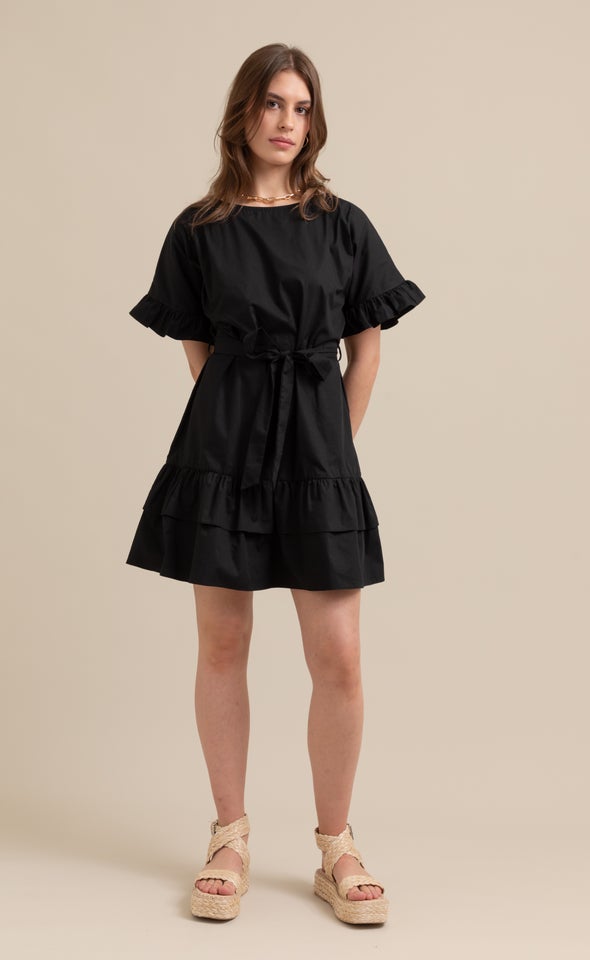 Poplin Ruffle T-Shirt Dress Black