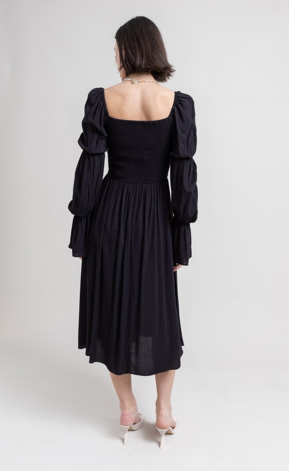 Poplin Shirred Puff Sleeve Dress Black