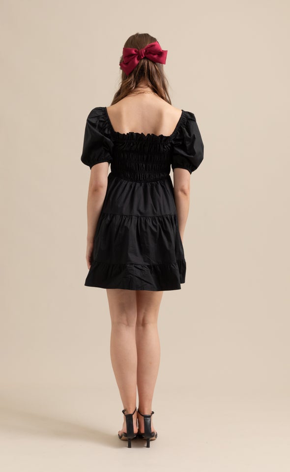 Poplin Shirred Puff Sleeve Dress Black