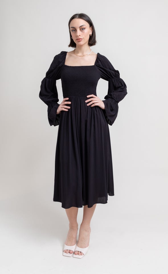 Poplin Shirred Puff Sleeve Dress Black