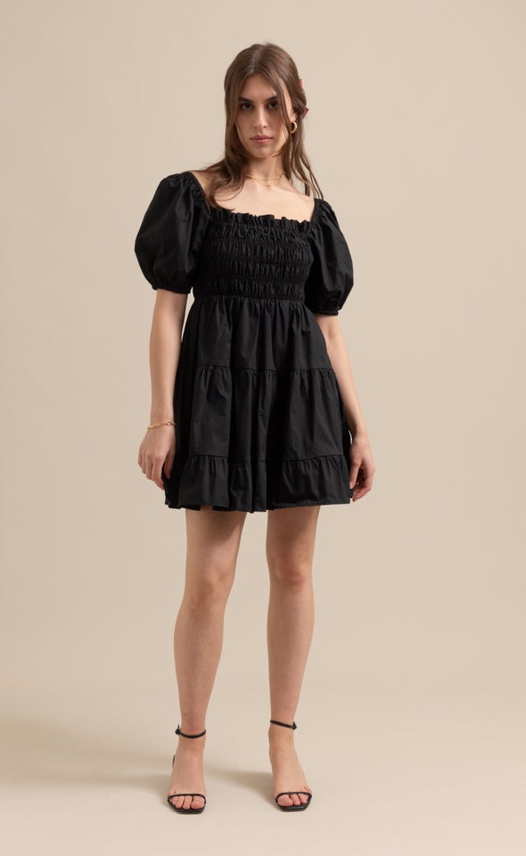 Poplin Shirred Puff Sleeve Dress Black