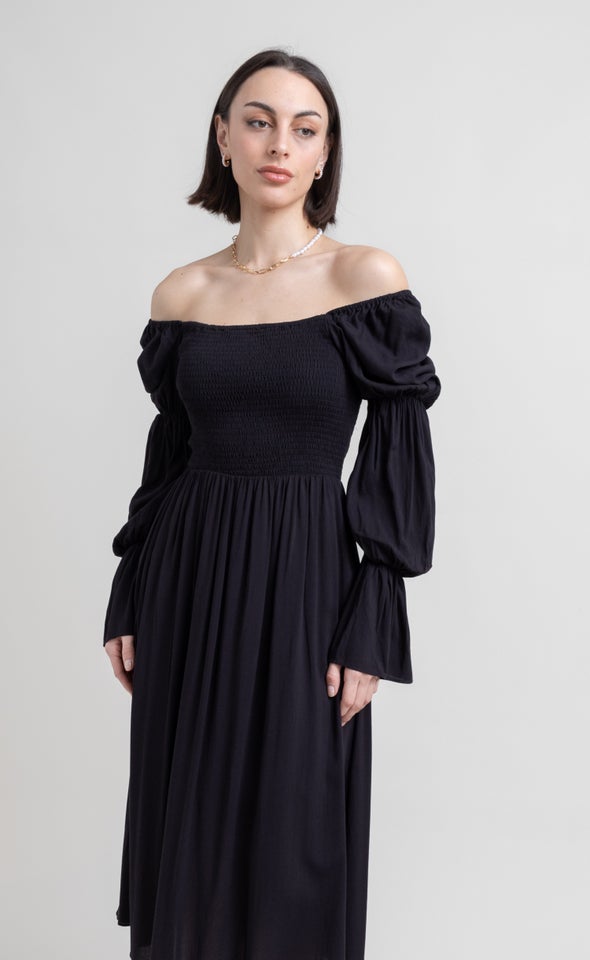 Poplin Shirred Puff Sleeve Dress Black