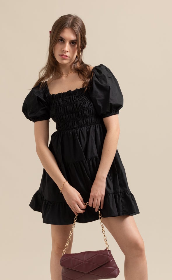 Poplin Shirred Puff Sleeve Dress Black