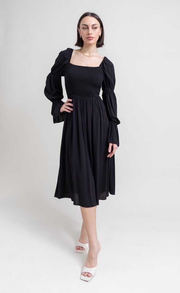 Poplin Shirred Puff Sleeve Dress Black