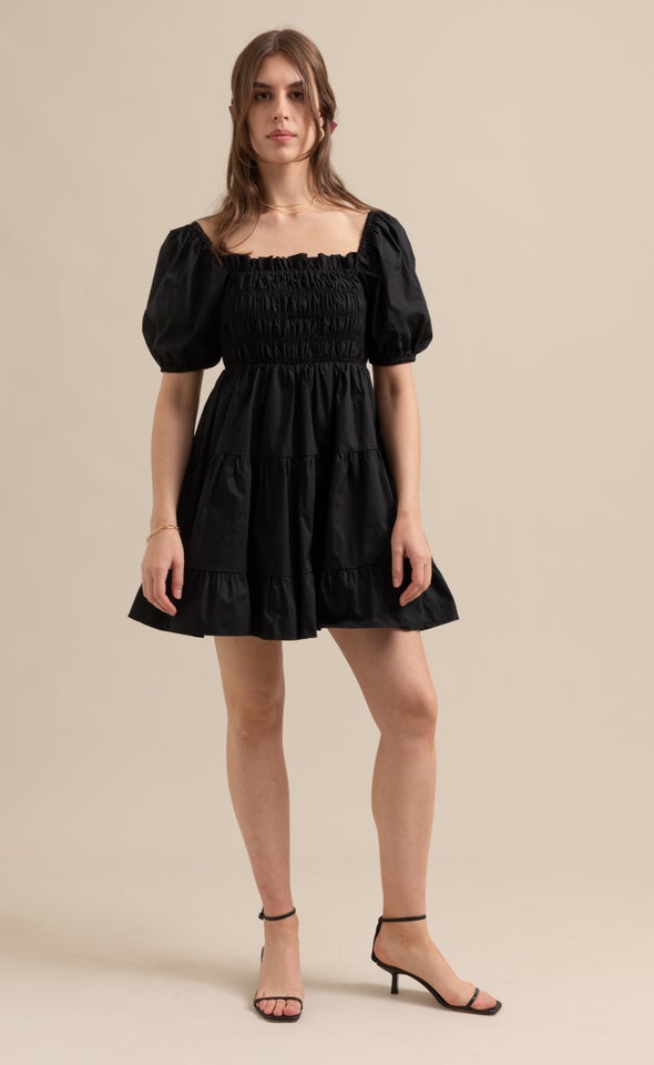 Poplin Shirred Puff Sleeve Dress Black