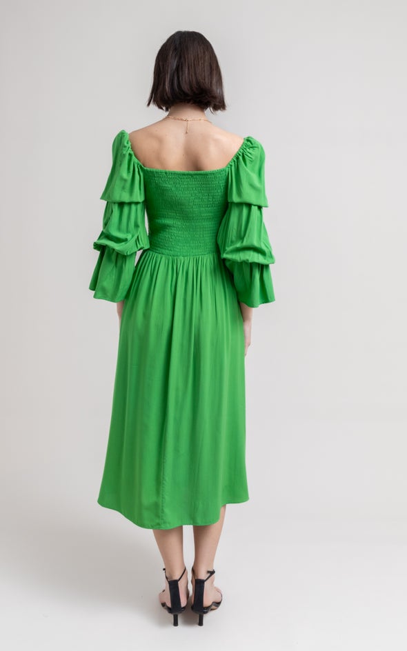 Poplin Shirred Puff Sleeve Dress Bright Green