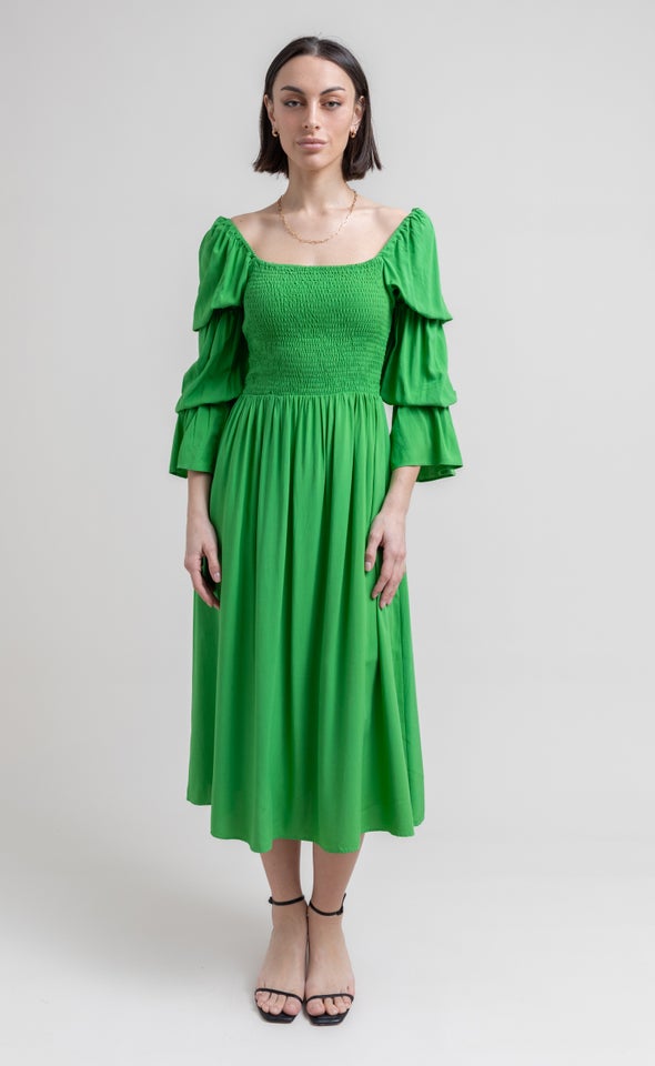 Poplin Shirred Puff Sleeve Dress Bright Green